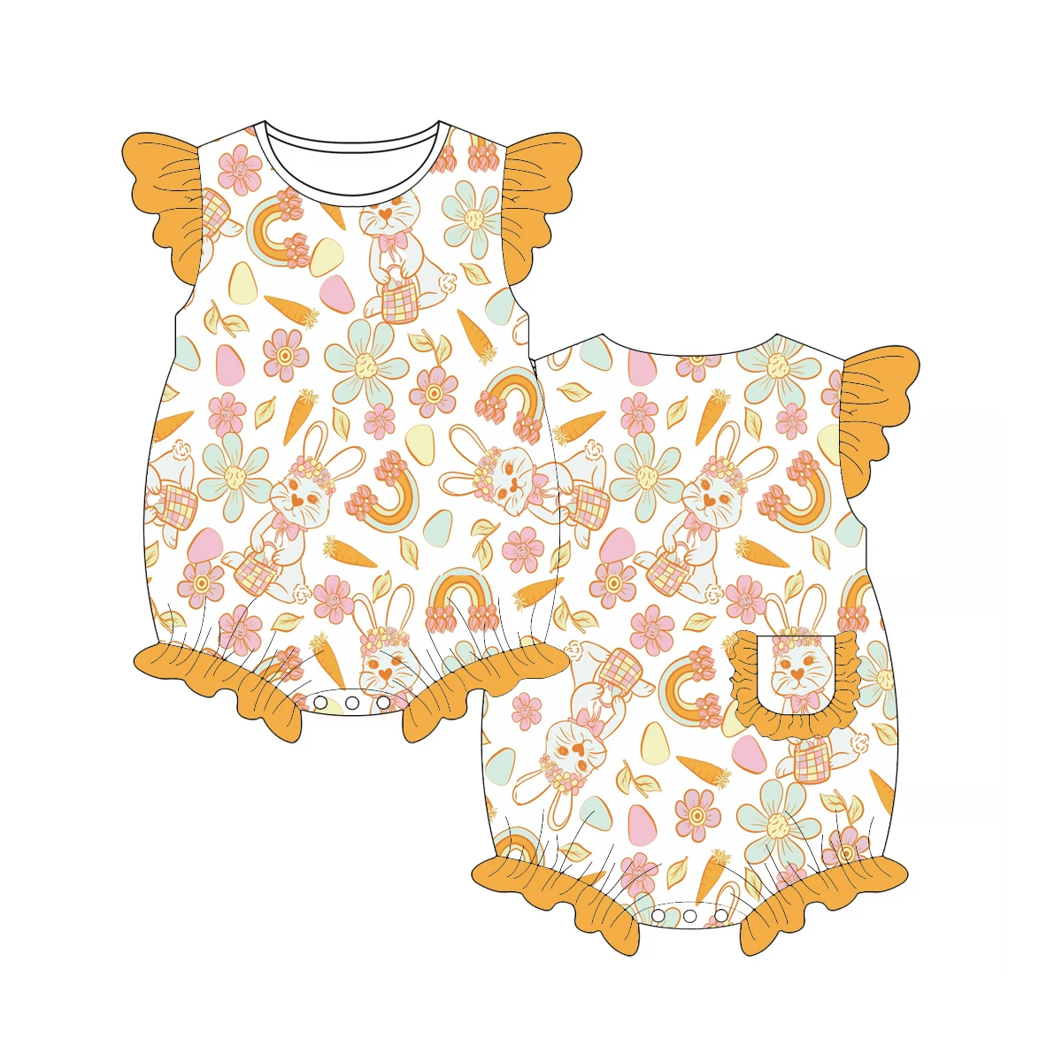 

Easter round neck short-sleeved bodysuit with ruffled pockets snap buttons and rabbit flower and rainbow print milk silk fabric