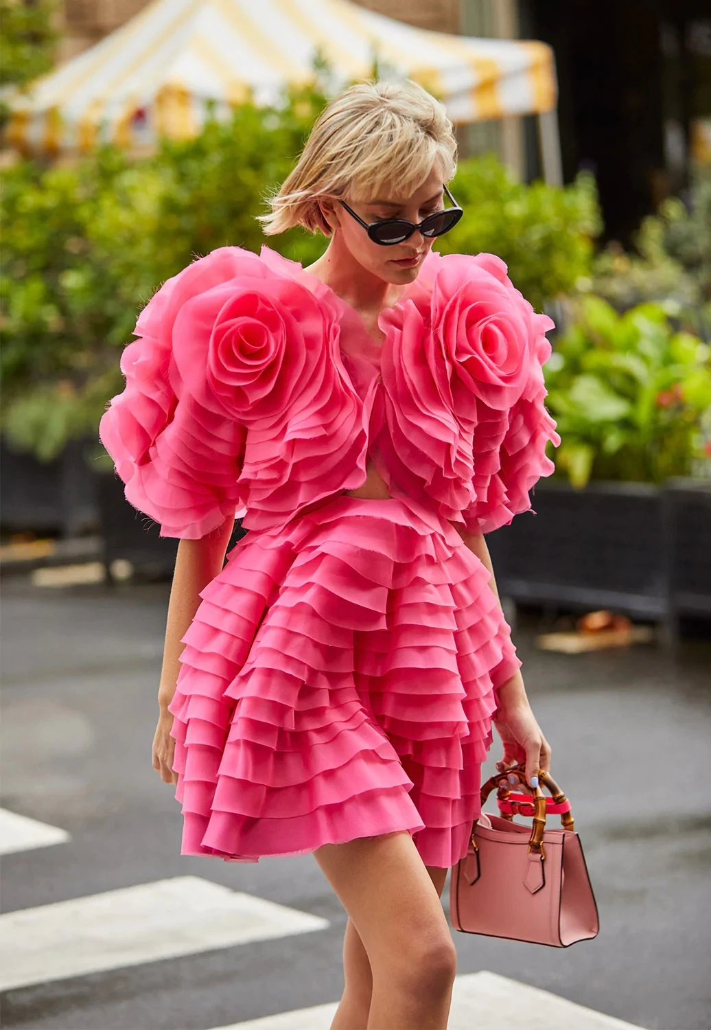 Fashion Black Organza Tiered Floral Short Women Dresses Fuchsia Pretty Girls Mini Dress To Birthday Party Female Dress