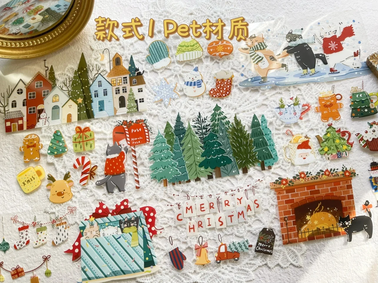 Winter Themed Christmas Washi Pet Tape Cute Cats Snowman Little Things Decorative Stickers Collage Diy Card Scrapbooking