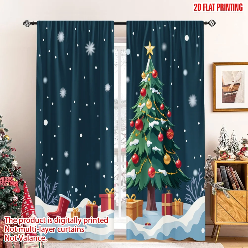 

2pcs 2D flat printing Christmas Drapes Christmas Tree Snow Gifts_a Polyester Without Electricity Festive Wall Decor Perfect for