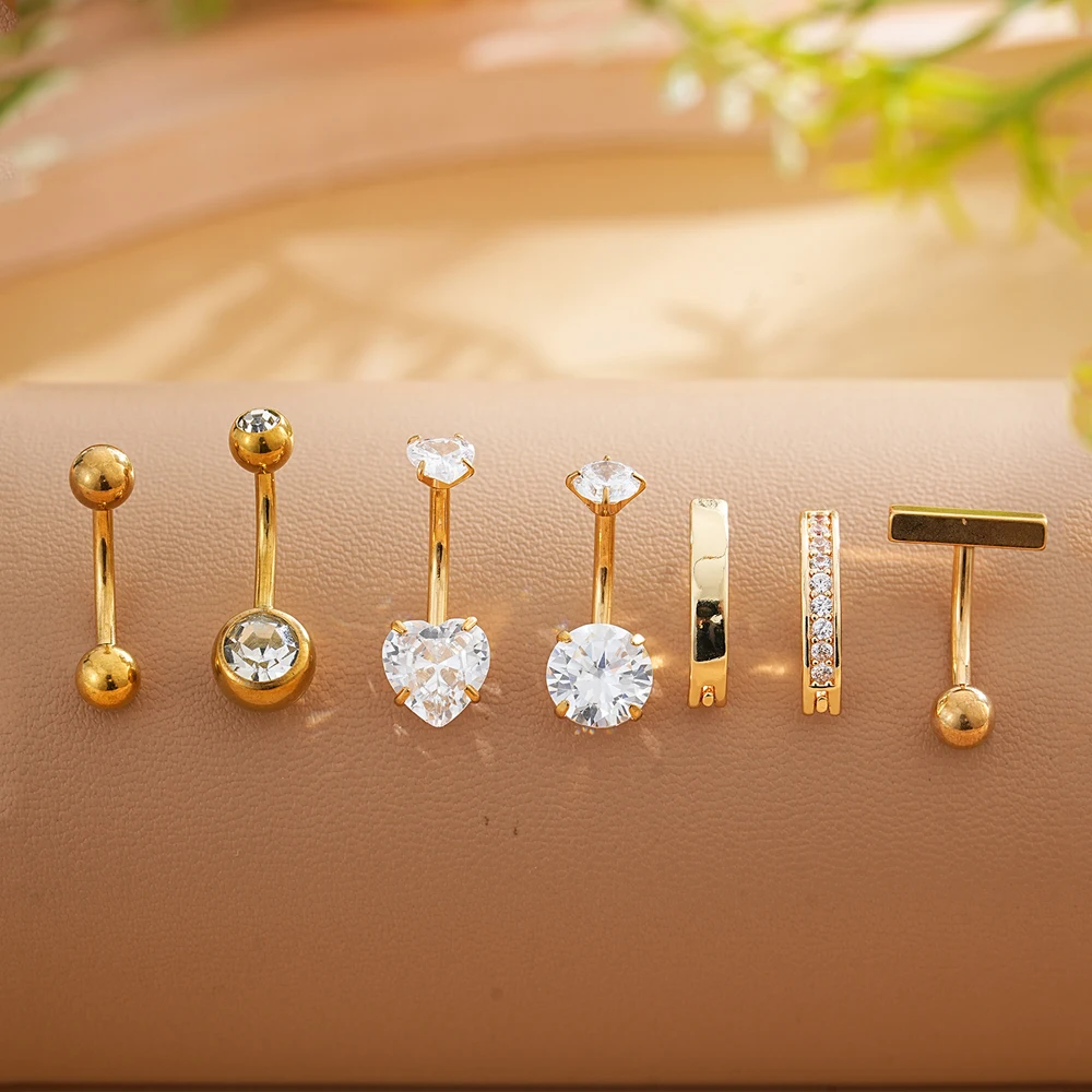 4-7pcs/Lot Belly Button Ring Sets Stainless Steel Heart Dangled Navel Belly Piercing Nombril for Women Mixed Belly Rings Jewelry