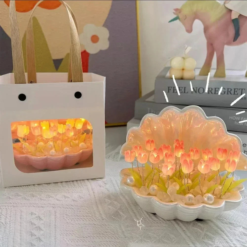 Concha tulipa noite lâmpada artesanal diy decoração de casa quarto atmosfera luz menina mãe namorada presente aniversário dia dos namorados