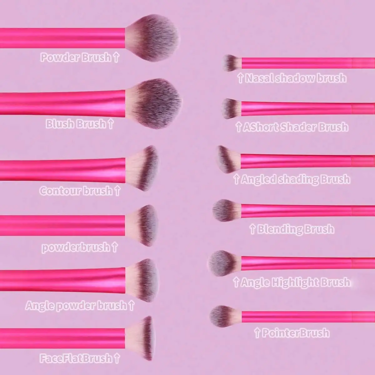 Make-up-Pinsel-Set, inklusive Puderpinsel, Rougepinsel, Textmarkerpinsel, Lidschattenpinsel, Wimpernpinsel, Eyeliner-Pinsel, abgewinkelt