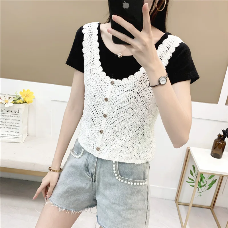 Summer round Neck Sleeveless Knitted Short Korean Style Sweater Vest Women Wholesale