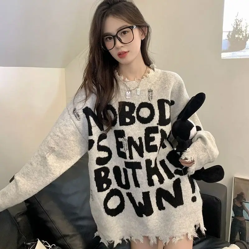 Fashion Hole Printing Letter Pullovers Top Autumn Winter New Long Sleeve Irregular Trend Sweaters Vintage Casual Women Clothing