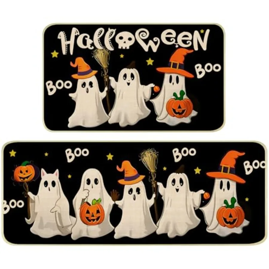 

Кухонные коврики Ghost Pumpkin на Хэллоуин, набор из 2 нескользящих низкопрофильных кухонных ковриков для пола, набор ковриков для Хэллоуина, моющийся резиновый коврик f