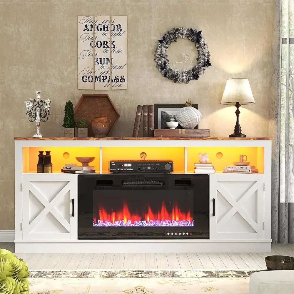 Farmhouse Fireplace TV Stand, 32”Tall Entertainment Center w/ 36”Electric Fireplace & LED Light, 70”Media Console w/Barn Door