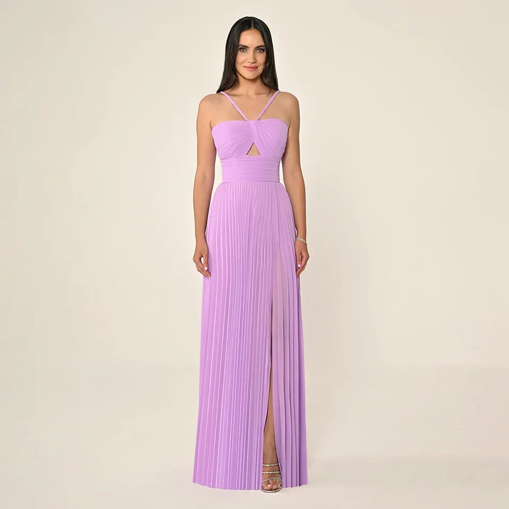 

Сиреневое элегантное вечернее платье на тонких бретельках с v-образным вырезом трапециевидной формы из шифона длиной до пола, вечерние платья с разрезом до бедра, платья для выпускного вечера по индивидуальному заказу