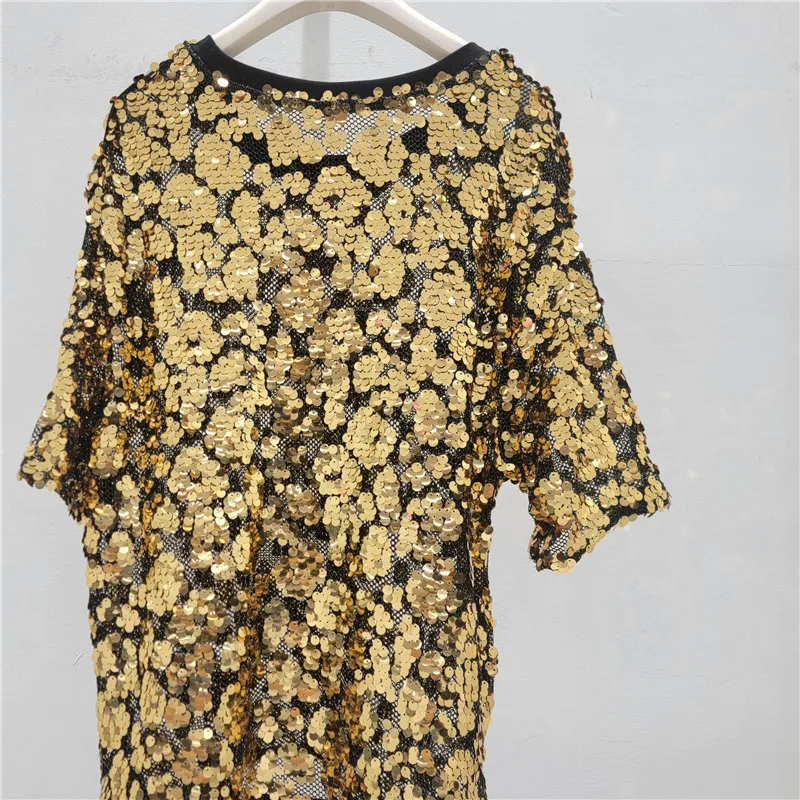 HKSH Women T-shirt Korean Style Trend Stylish Shiny Sequin Patchwork Design Loose Streetwear Ins O-Neck Short Sleeve Top HK24602