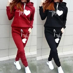 Fashion Heart print WomenHoodie Set Women Sportsuits Two Piece Suits Hooded Sweatshirts Long Pants Autumn Winter