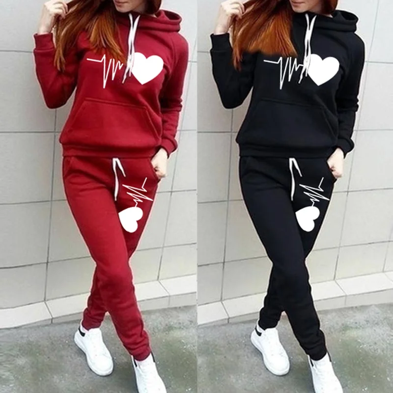 Fashion Heart print WomenHoodie Set Women Sportsuits Two Piece Suits Hooded Sweatshirts Long Pants Autumn Winter