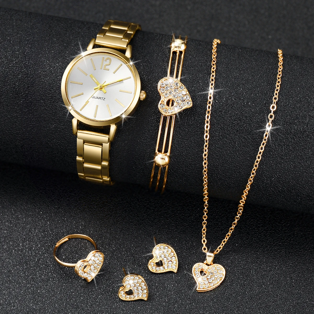 6PCS/Set Women\'s Watch Fashion Gold Steel Band Arabic Dial Quartz Watches Heart Jewelry Set（Without Box）