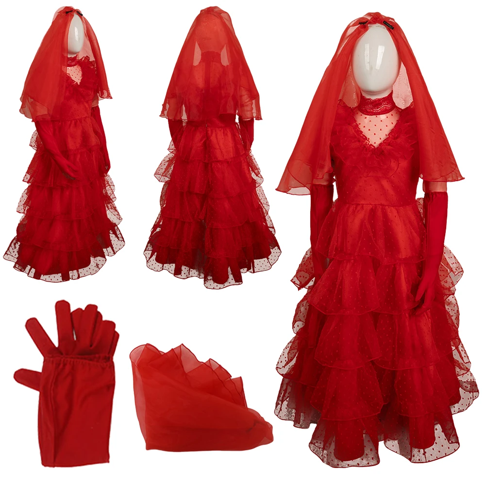 Cosplay Kids Lydia Cos Red Dress Fantasy Clothing Movie Insect Liquid Roleplay Disguise Outfits Children Halloween Party Skirts