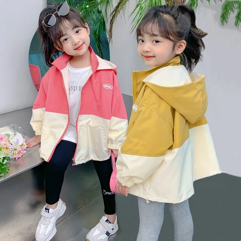 1-12 Year Old Girls Colorblocking Trench Coats Spring Fashion Hooded Jackets Autumn Children Clothes New Casual Zipper Outerwear