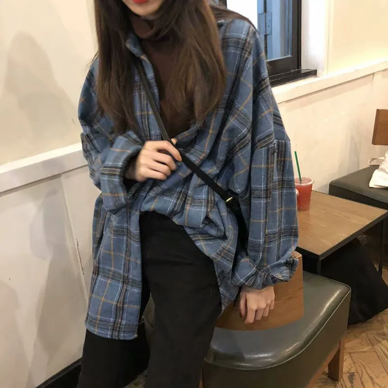 Female Spring  Autumn Oversized  Tunic  Shirt for Women Street Blouse  Vintage Plaid Flannel  Casual Korean Tops