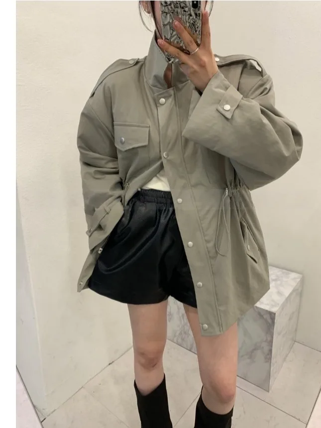 

Retro Chic Zipper Pleated Waist Slimming Cotton Blend Windbreaker Women's Outerwear Warmth Faionable Stand Collar Coat