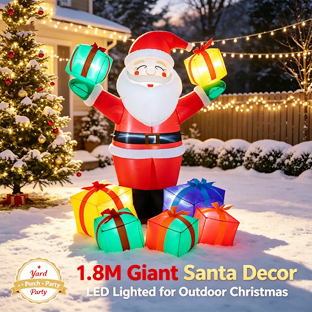 6FT Christmas Inflatable Santa Claus with Gift Boxes Built-in LED Light For Outdoor Yard Lawn Garden Inflatable Decoration Props