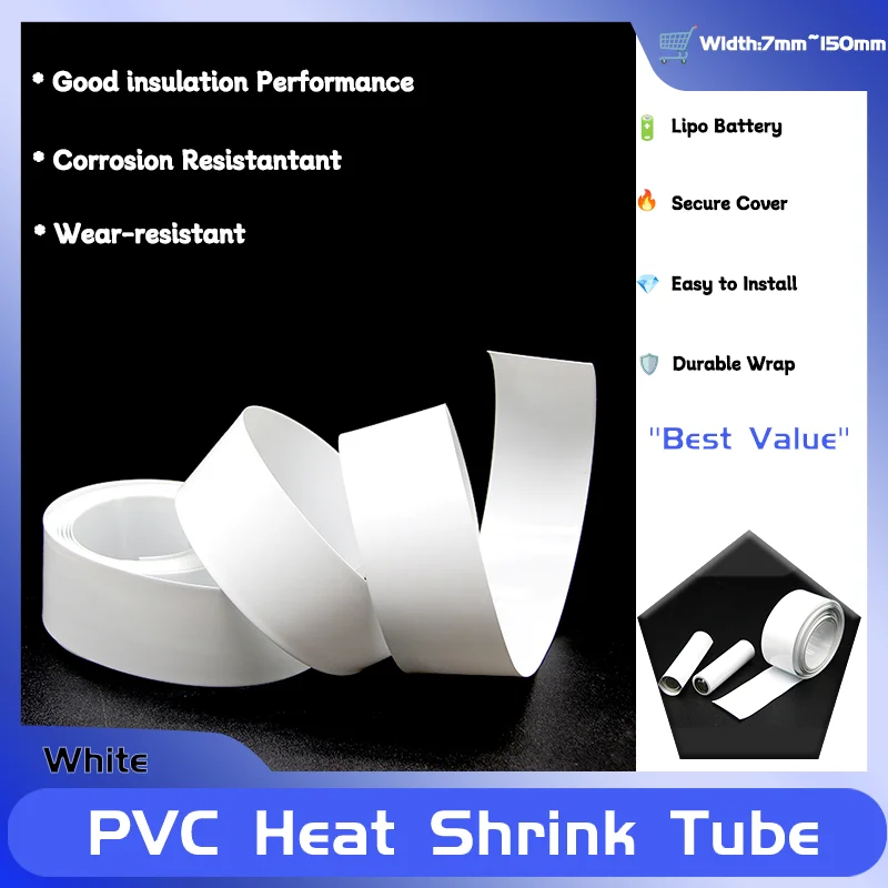 

2~20M White Width7mm~150mm PVC Heat Shrink Tube Lipo Battery Pack Cable Sleeve Lithium Insulated Film Wrap Case Protection