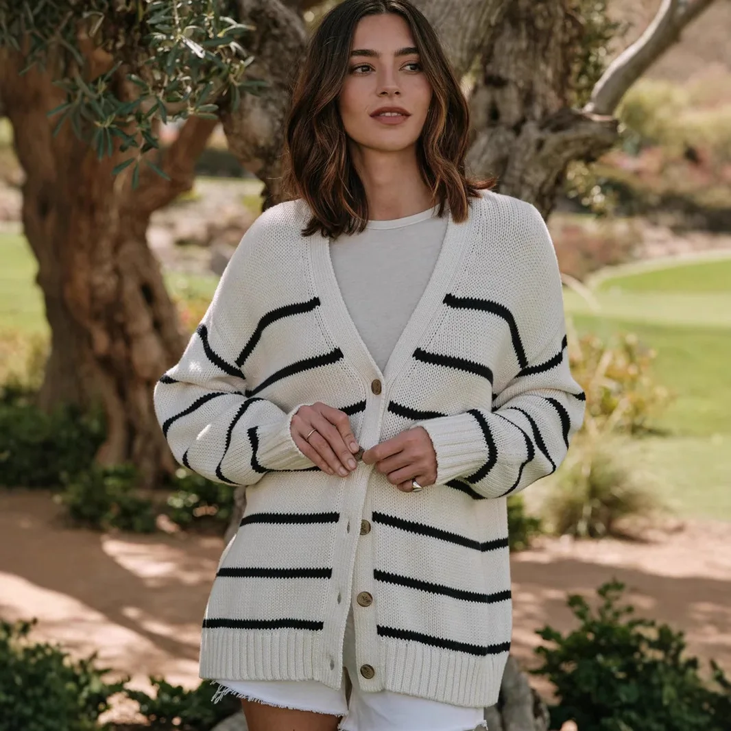 Cárdigan de punto a rayas para mujer, cárdigan con cuello en V, suéter de algodón puro a rayas, otoño e invierno, 2025