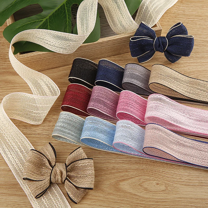 Stripe Ribbon Roll 38mm 25mm 16mm 10mm 7mm DIY Handmade Craft Hair Ornament Baking Knitted Imitation Linen Mesh Fabric Supplies