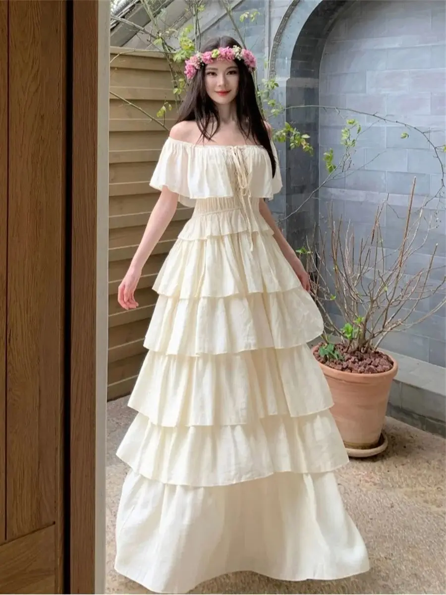 

Bohemian Vintage Slash neck Pure Solid Summer Dress For Women Sexy Backless Off Shoulder Ruffles Holiday Long Dresses