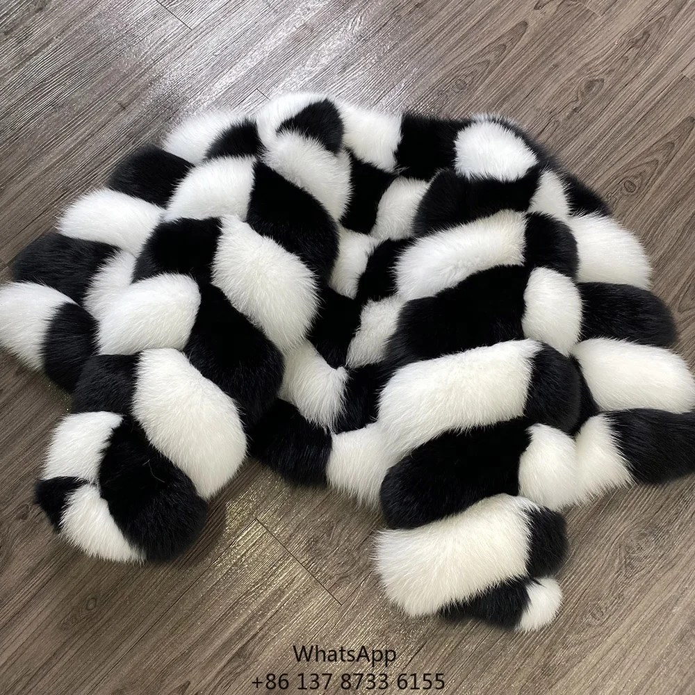 

Зимняя теплая женская куртка из черно-белой клетчатой ткани с отделкой из лисьего меха, элегантное женское меховое пальто, верхняя одежда