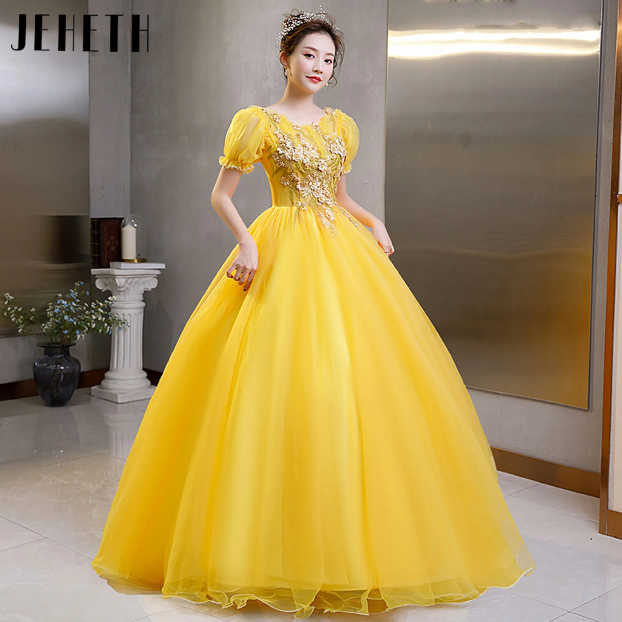 

JEHETH Yellow Appliques Ball Gown Fashion Puffy Sleeves Women Evening Dresses Lace Tulle Formal Long платье на выпу