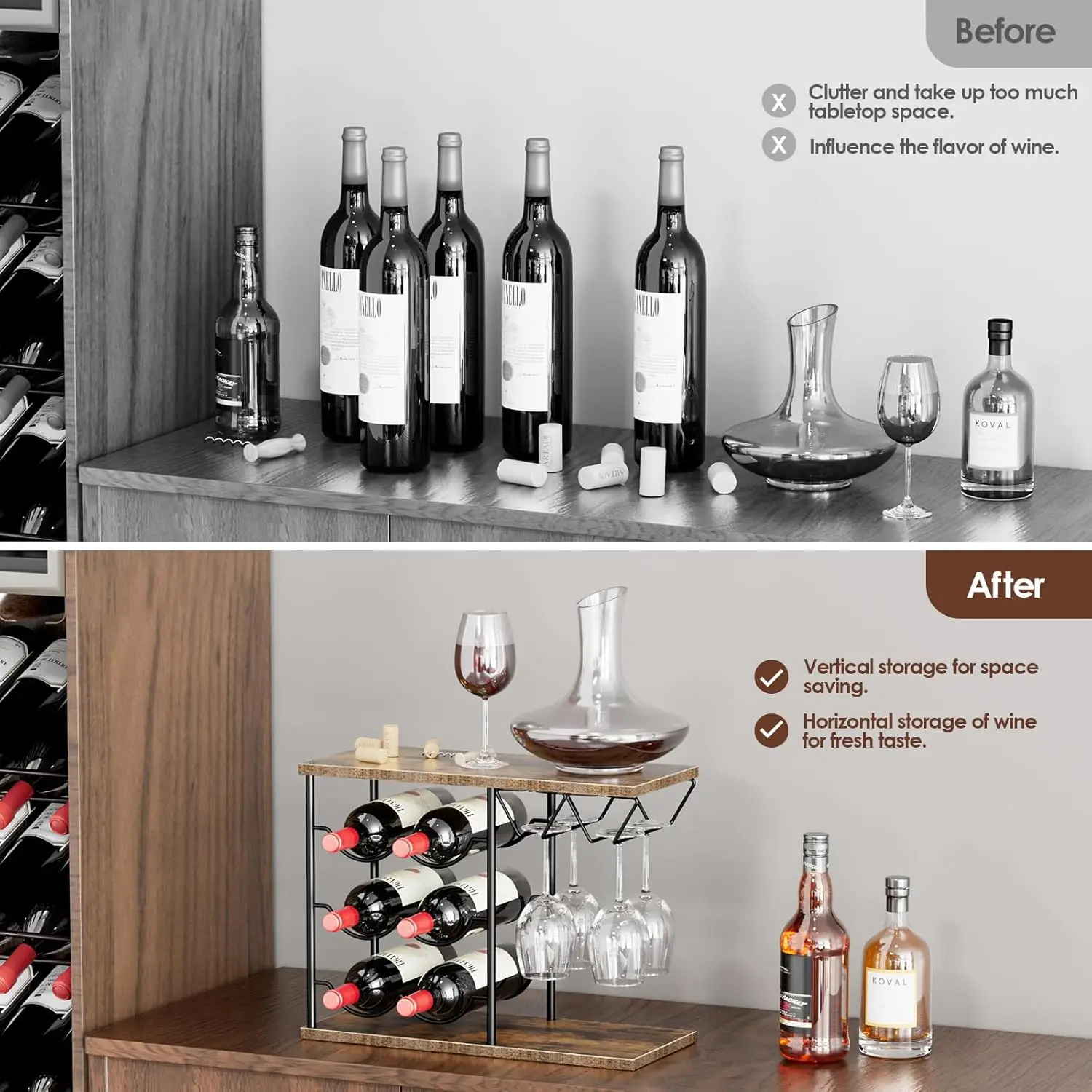 Compact Wine Rack for 6 Bottles and 4 Glasses, Metal and Wood Storage Organizer for Kitchen or Bar