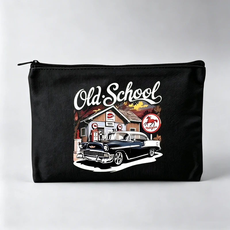 Women's Retro Car and Gas Station Graphic Makeup Bag, Vintage Style Cosmetic Pouch for Daily Use