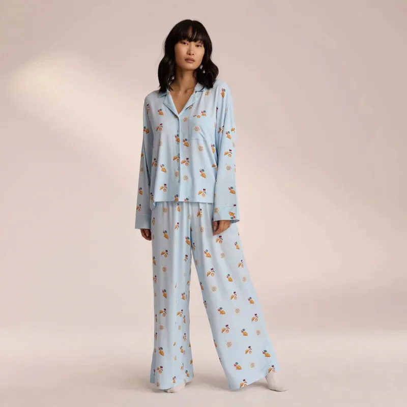 Women’s 2 Piece Pajama Set Long Sleeve Breakfast Print Pocket Shirt Pants Set Loungewear