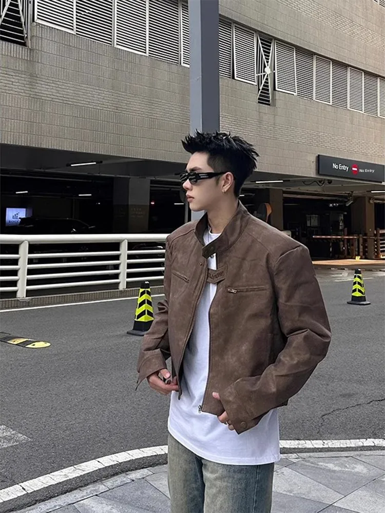 

Brown oulder Pad Stand Collar Leather Jaet Men's Spring Autumn ort Sle Motorcycle Clothes Trendy Brand Haome Hunte...