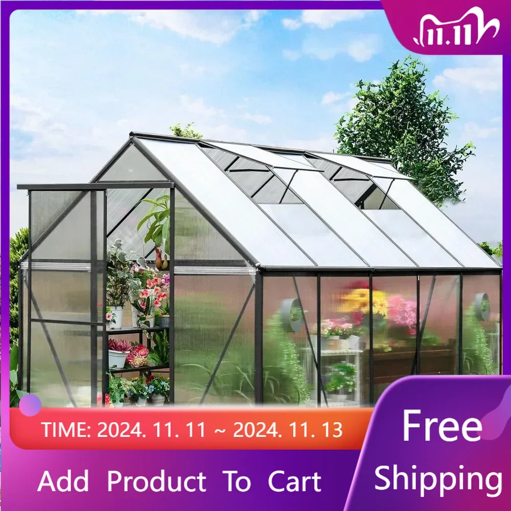 

6x6x10 FT Heavy-Duty Greenhouse with Polycarbonate Panels, Sliding Door, Hinged Roof Vents, and Rain Gutters for Outdoor Use