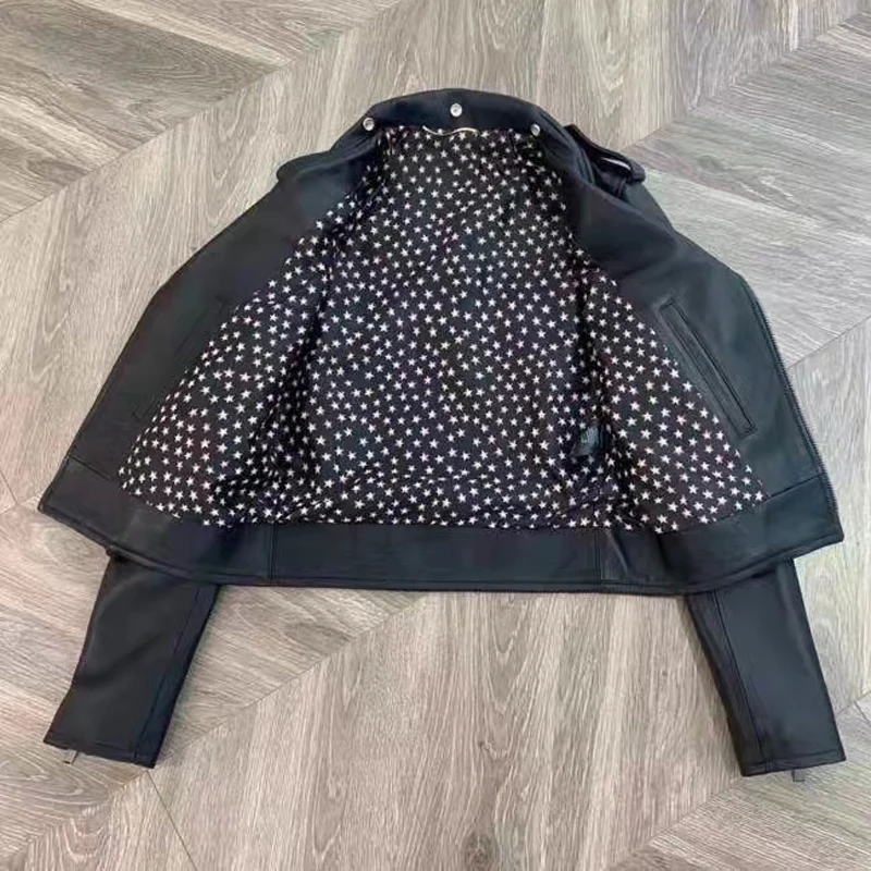 Women Coat Spring High Quality 2024 New Arrival Locomotive Model Short Length Genuine Leather Jacket Inner With Star Pattern