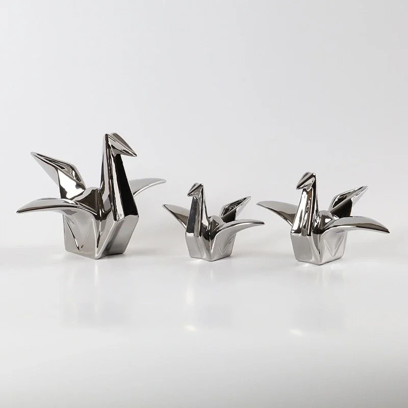 Creative Ceramic Handicrafts Silver Paper Crane Geometric Bird Sculpture Origami Decorative Figurines Home Decoration Accessorie