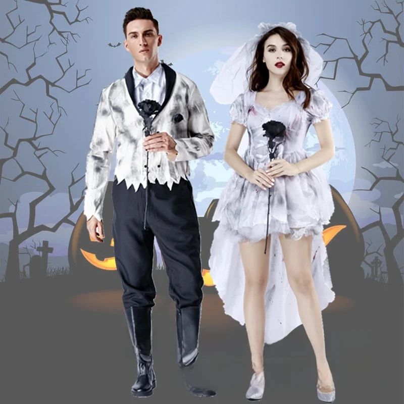 Adult loween Costume Ghost Bride Performance Outfit Couple's Ghost Newlywed Cosplay Clothing Scary Wedding Dr