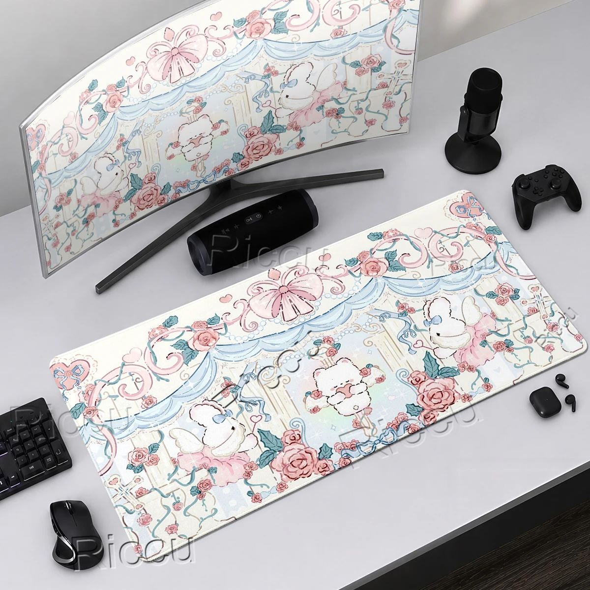 Lolita Rose Angel Bunny Bear Extended Desk Mat Cute Pink Floral Aesthetic Carpet LockEdge Keyboard Deskpad for Girl Office Decor