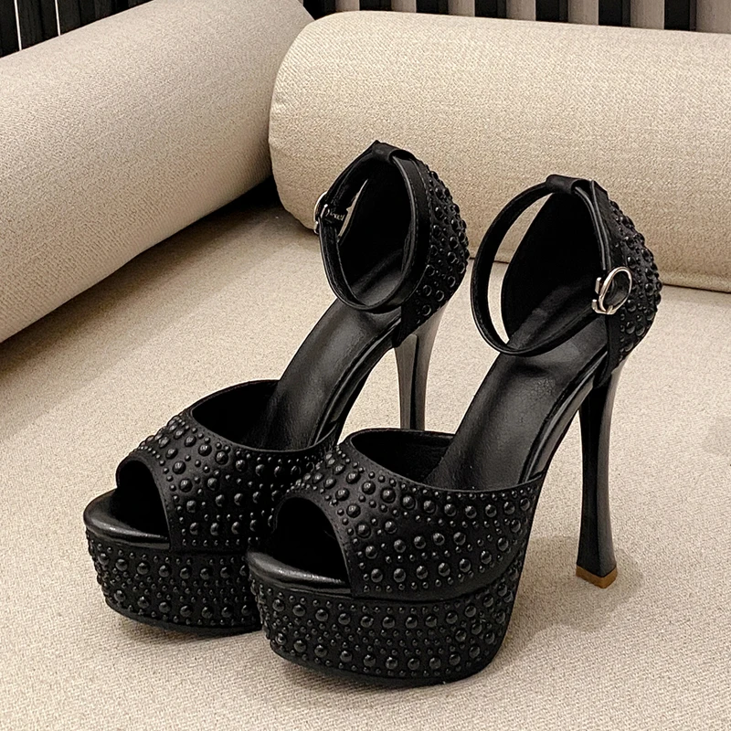 

Eilyken Summer Street Style Satin Crystal Open Toe Sandals Women Fashion Platform Thin Heels Nightclub Party Shoes