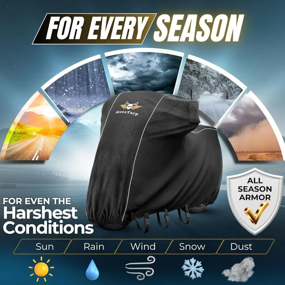 غطاء دراجة نارية عالي التحمل 600D مقاوم للماء بنسبة 100%؛ نافذة لوحة الترخيص، واقي حرارة العادم، عاكسات ليلية، فتحات قفل العجلة (