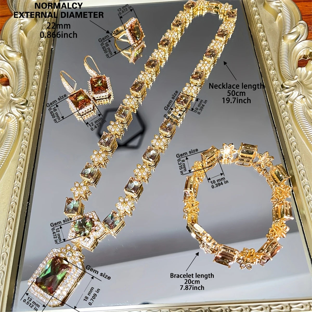BOCARMAN Schmuckset aus synthetischem, farbwechselndem Diaspor, rechteckiger Ring, Ohrringe, Armband, Halskette, verschiedene Beleuchtungsarten – Detail 3