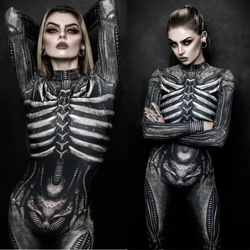 Horror Cosplay Skeleton Jumpsuit Halloween Costumes Slim Humen Body Women Zentai Skull Ghost Tight Suit Carnival Dress Up Party