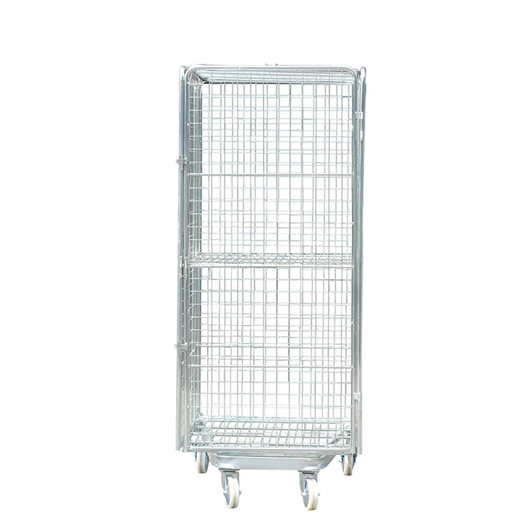 

Movable Storage Supermarkets Metal Basket Shopping Trolley Wire Mesh Roll Container With 4 Door