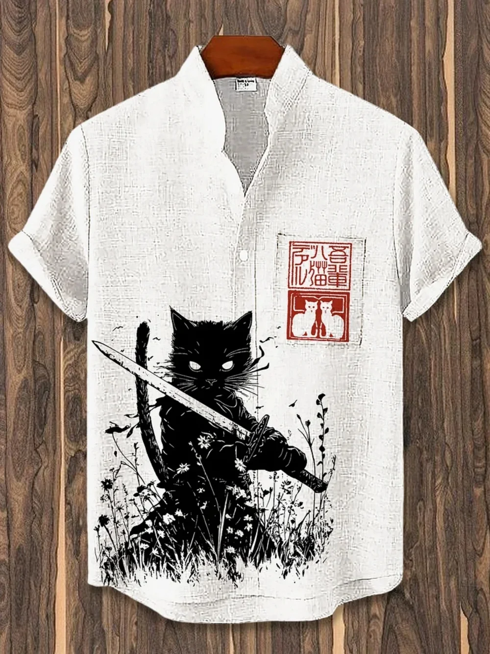 

Men's Retro Japanese Art Printed Short Sleeve Shirt Samurai Black Cat Design Casual Stand up Collar Cardigan