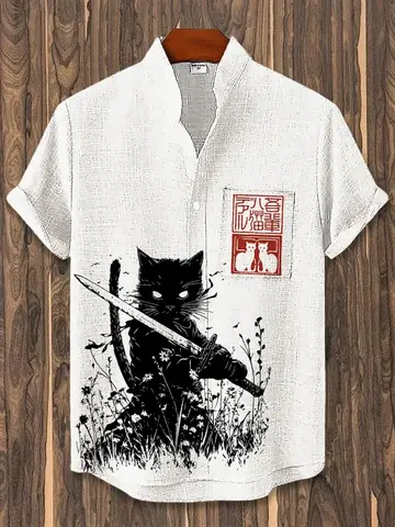 Men's Retro Japanese Art Printed Short Sleeve Shirt Samurai Black Cat Design Casual Stand up Collar Cardigan