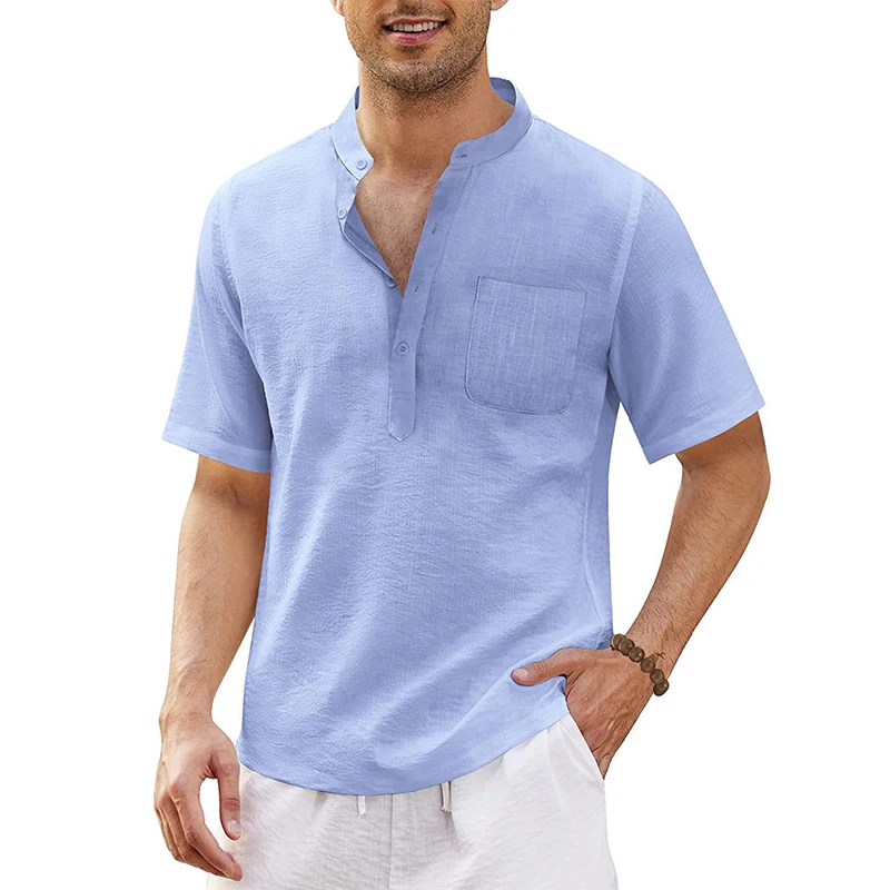 2023 New Men's Linen V Neck Buttons T Polo shirts Male Solid Color Short Sleeves Casual Cotton Linen tshirt Tops Mens Clothing