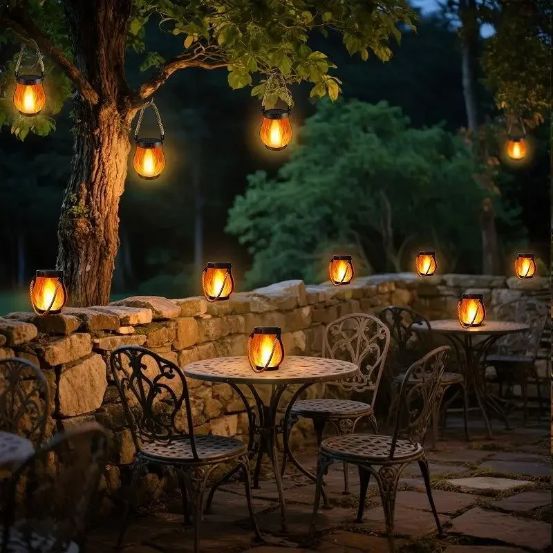Solar Powered Flame Lights,Garden Lantern Dancing Flickering LED Light Yard Decor With Rope Rechargeable Camping Lamp 2 Modes