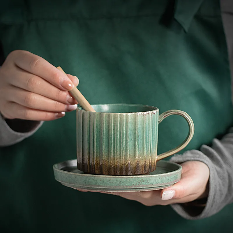 Coarse Pottery and Saucer Set Handmade Japanese Retro Art Ceramic Pour Over Coffee Water Cup - view 5