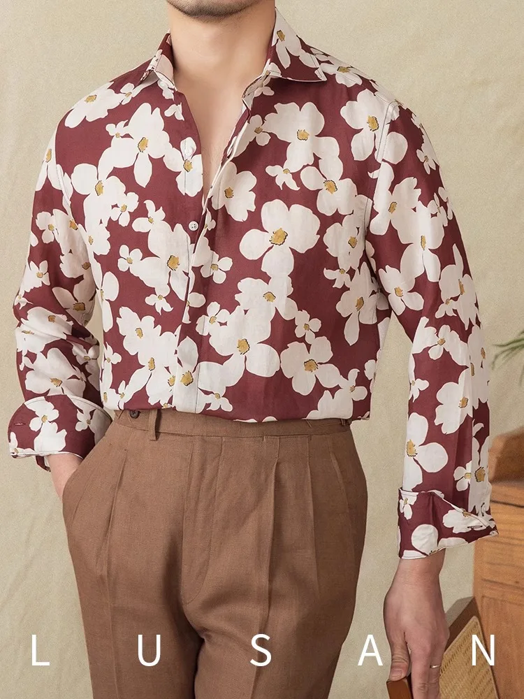 

Men's Lyocell Linen Printed Shirt - Vacation Breathable Drape Long Sleeve Retro Casual Top