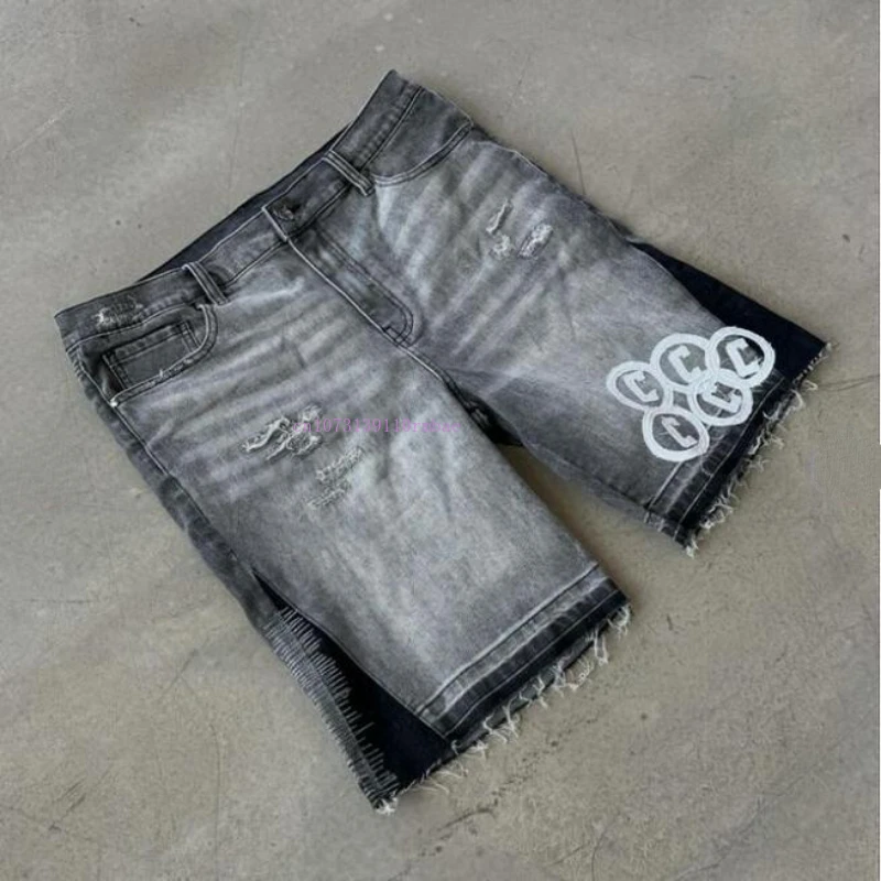 Ins Tide pantalones cortos de mezclilla para hombres y mujeres, pantalones cortos de mezclilla bordados con letras de la calle americana, pantalones