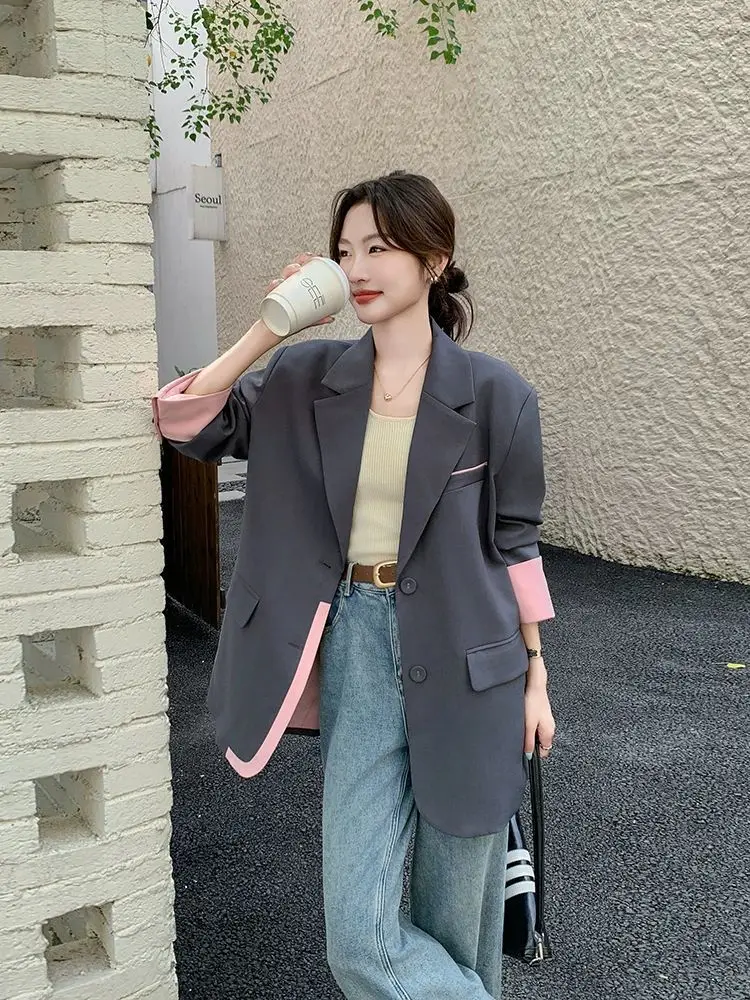 Insozkdg سترة بدلة متباينة على الموضة باللون الرمادي للنساء للربيع والخريف سترات جديدة فضفاضة غير رسمية للسيدات