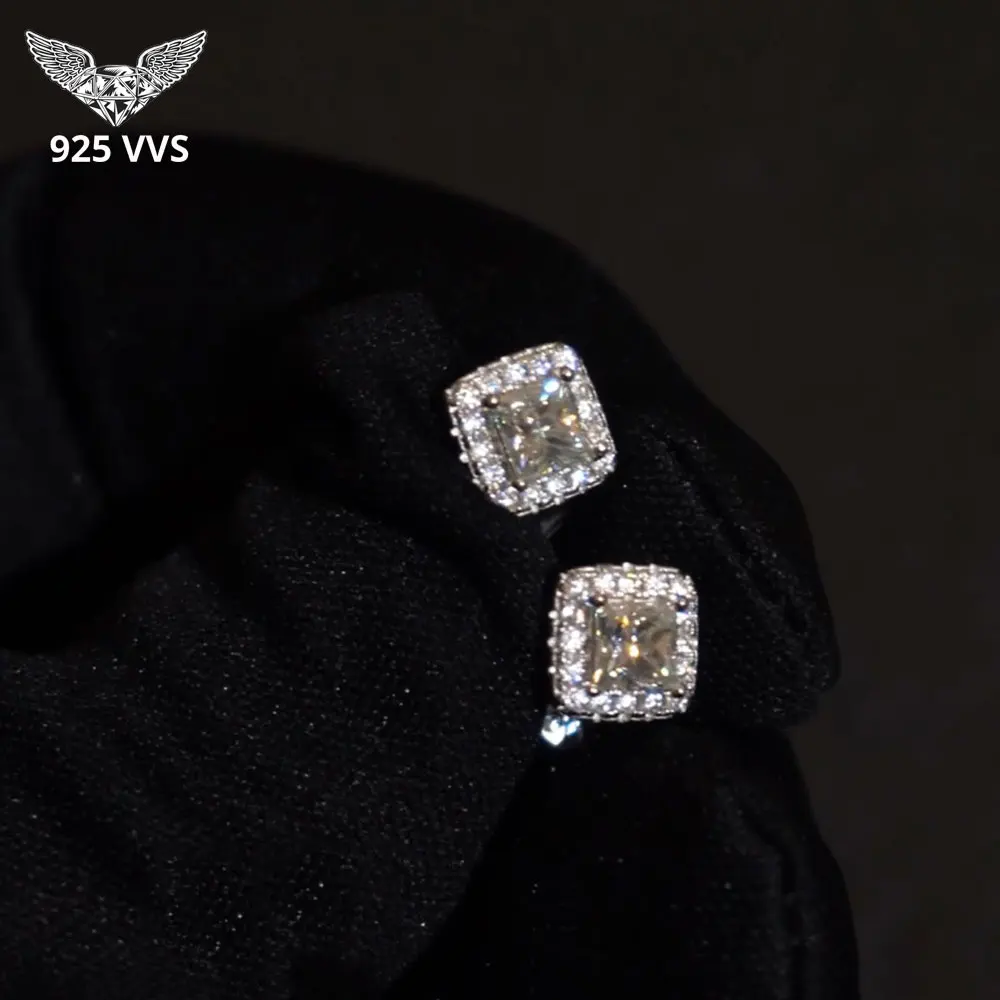 

925 Sterling Silver Moissanite Princess Cut Cluster Stud Earrings D Color VVS1 Lab Diamond Earring For Men Women
